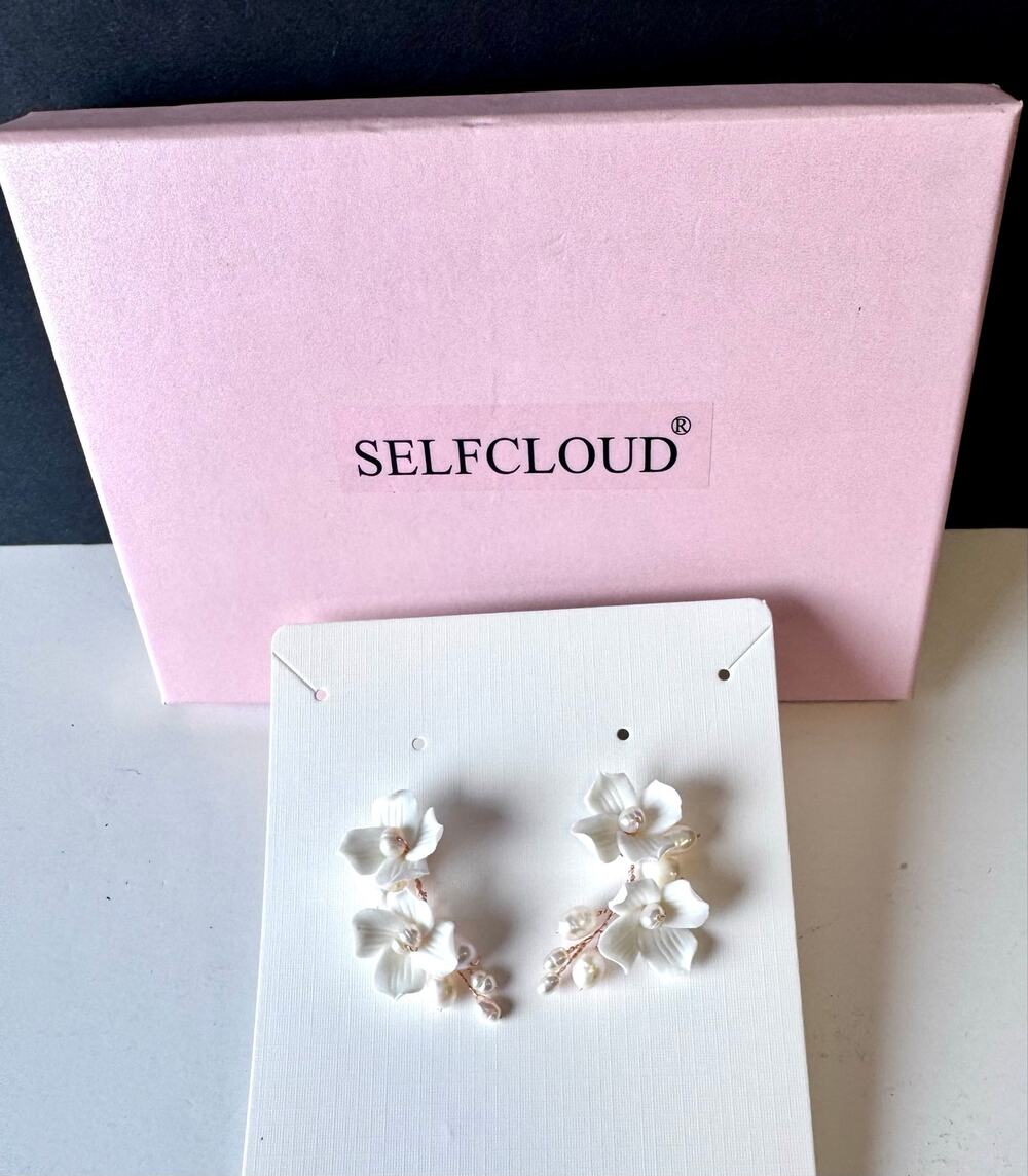 White Handcrafted Ceramic Floral Pearl Cluster Earrings Bridal Wedding Prom